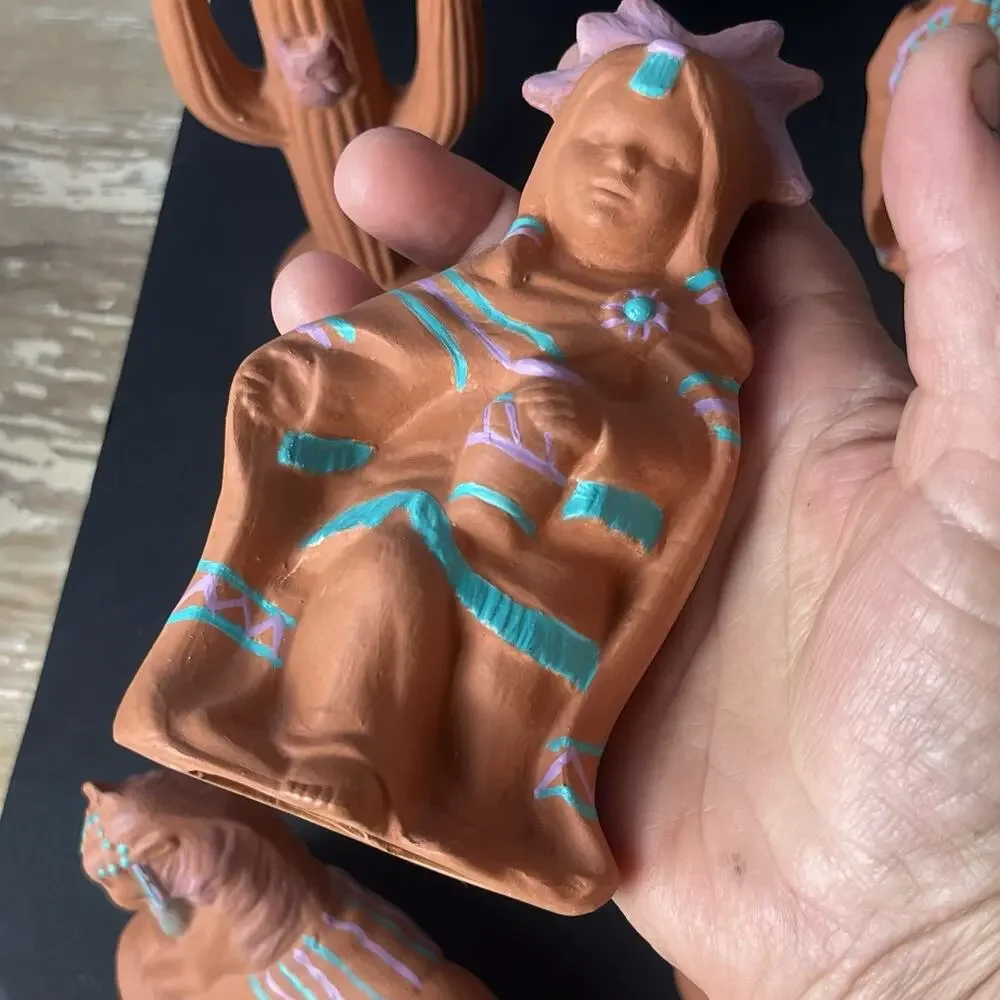 Vintage 10 Pc Native American Style Terracotta Nativity Set Southwest Folk Art